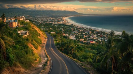 Wall Mural - Aerial view showcasing a winding road descending a hill, leading towards a distant beach under a clear sky, emphasizing natural beauty and serenity.