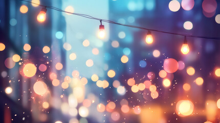 Aufkleber - Glowing string lights casting soft bokeh patterns over blurred urban landscape, evoking holiday warmth and festive ambiance