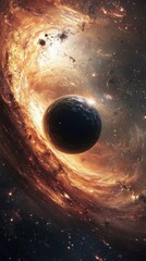 Poster - Celestial body engulfed in fiery cosmic vortex within deep expanse
