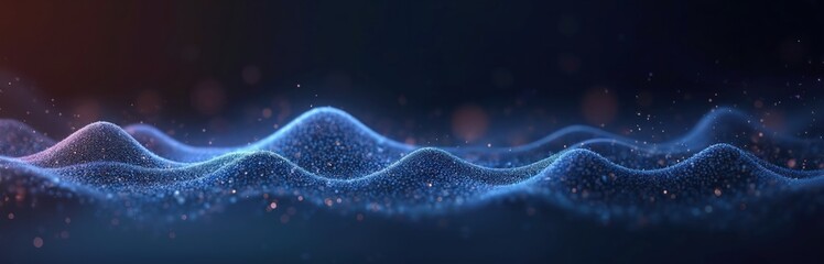 Leinwandbilder - Abstract technology wave background with blue light digital effect. 3d render of small blue particles in motion. Fractal backdrop for modern tech, digital art. Gradient dark navy color.