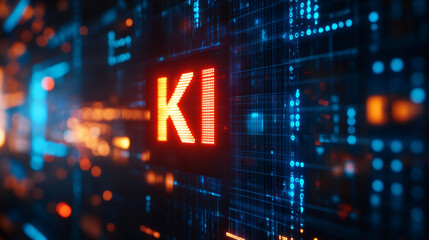Leinwandbilder - Glowing KI letters on a computer screen represent artificial intelligence in german language, surrounded by binary code and futuristic digital effects