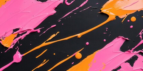 Poster - Neon paint splatter on black surface, vibrant contrast with high-energy urban vibe, creating an electrifying atmosphere.