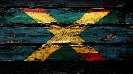 Wall Mural - jamaican flag painted on weathered wooden texture, showcasing vibrant colors and rustic charm
