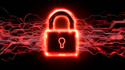 Fototapete - Red glowing padlock securing digital data on electronic circuit board, representing cybersecurity and data protection