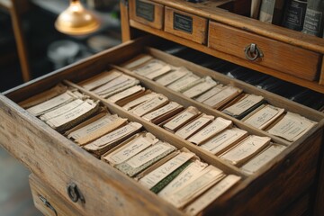 Wall Mural - Vintage wooden drawer filled with neatly arranged collectible coins