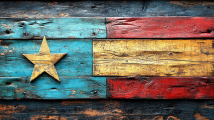 Wall Mural - vibrant wooden texture featuring star and colorful stripes, evoking sense of heritage and culture