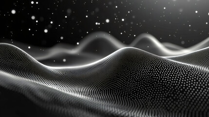 Aufkleber - Digital landscape emerging from white particles, floating against dark backdrop with blurred depth and soft bokeh highlights