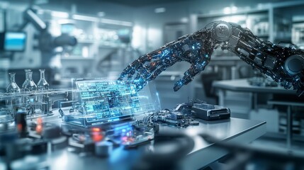 Fototapete - Ai robotic arm interacting with technology tools modern laboratory digital art high-tech environment close-up view