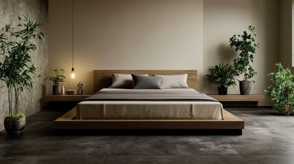 Fototapete - Modern minimalist bedroom design with cozy fur accents home interior contemporary style relaxed atmosphere