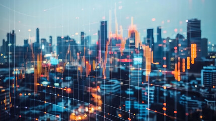 Poster - Digital composite of illuminated cityscape at twilight with financial chart showing economic growth