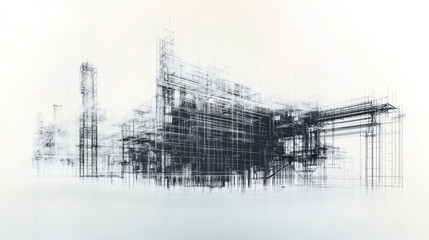Poster - Detailed wireframe rendering revealing complex industrial architectural structure, highlighting engineering precision and structural planning