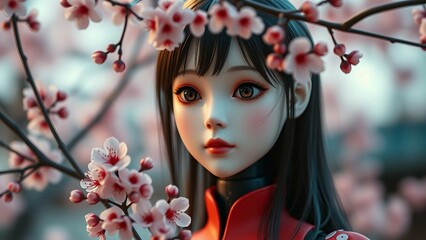 3D girl with cherry blossoms best quality masterpiece prefect lighting highres high detailed skin ul