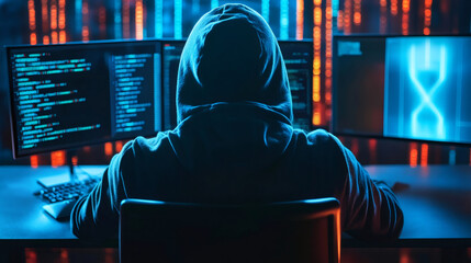 Aufkleber - Computer programmer coding malicious software in a dimly lit room, surrounded by multiple monitors displaying complex data and networks