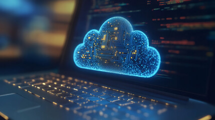 Aufkleber - Cloud computing technology with printed circuit board floating over laptop keyboard with source code in the background, futuristic server room