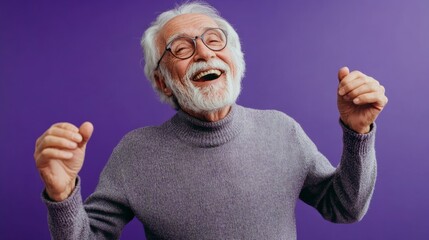 Wall Mural - Man in a purple sweater is smiling and dancing. He is wearing glasses and he is happy