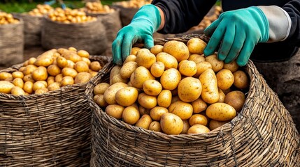 Wall Mural - Person is holding a basket of potatoes. The potatoes are in different sizes and are spread out in the basket