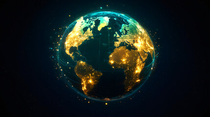 Aufkleber - Rotating globe glowing with city lights, network lines connecting continents against starry dark space backdrop