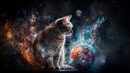 Aufkleber - Cosmic design exploration cat in space digital art mystical environment side view existential concepts