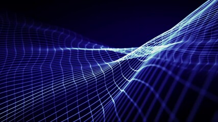 Wall Mural - looped screensaver with abstract blue grid slowly waving on a dark background with soft glow effect.