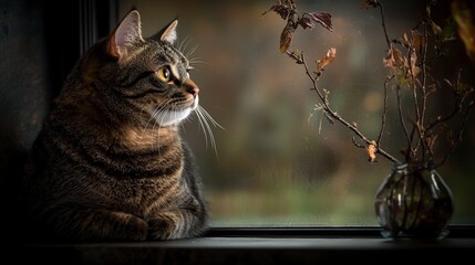 Poster - Cat philosopher observing nature from window minimalist home calm atmosphere intimate viewpoint serene reflection