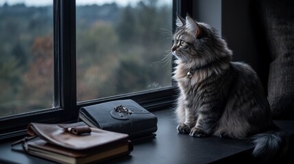 Aufkleber - Philosophical cat contemplating nature from a window cozy home photography calm minima side view introspection