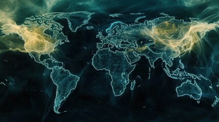 Poster - Abstract World Map, Connecting Continents with Luminous Energy Flow