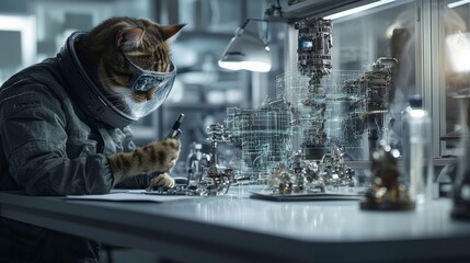 Poster - Cat spacecraft engineer designing high-pressure systems in a futuristic lab environment for innovative technology