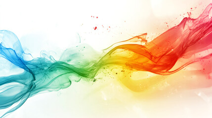 Poster - Vibrant multicolored smoke swirling, blending, generating dynamic abstract patterns against stark white backdrop
