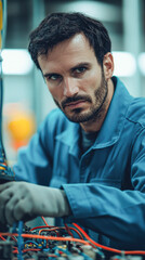 Wall Mural - A focused technician in a blue uniform works on electrical wiring, surrounded by tools, showcasing concentration and skill in a technical environment.