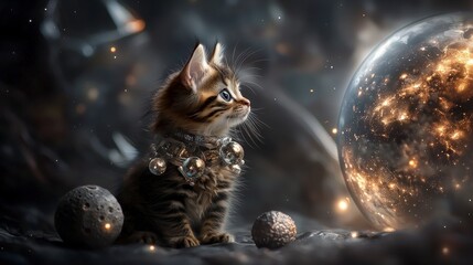 Poster - Small tabby cat in futuristic space suit explores cosmic landscapes cosmic realm digital artwork dreamlike universe