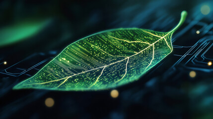 Poster - Electronic circuit resembling leaf veins symbolizes the fusion of nature and technology for a sustainable future