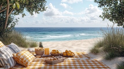 Sticker - Beach picnic; sunny ocean view; coastal relaxation; tropical fruit