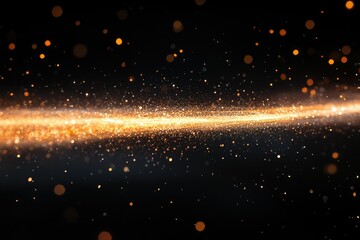 Poster - Golden glitter particles shimmer and shine against a dark background, creating a magical, festive, and luxurious atmosphere.