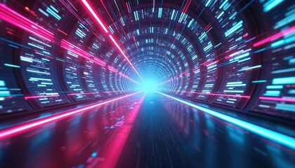 Fototapete - abstract futuristic hud tunnel with motion graphics of data centers, servers. high-speed internet co