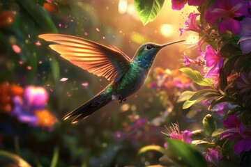 Poster - A vibrant hummingbird hovers near radiant blossoms, bathed in golden sunlight, creating a magical scene.