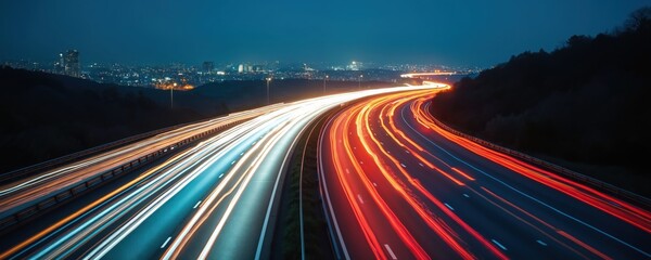Poster - night road traffic. blurred motion car lights trace along highway with city skyline. fast urban tran
