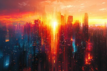 Aufkleber - A vibrant futuristic cityscape at sunset, painted with bold strokes and warm colors, showcasing towering skyscrapers.