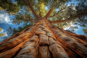 Majestic giant sequoia tree viewed from below, showcasing its immense size and intricate bark texture against a vibrant blue sky.