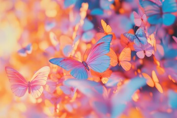 Poster - Vibrant pink and blue butterflies flutter in a dreamy, sunlit garden.