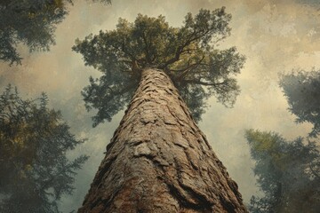 Aufkleber - Majestic redwood tree viewed from below, its immense trunk and crown reaching towards a misty sky.