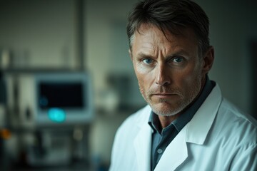 Poster - A serious middle-aged man in a white lab coat, possibly a doctor or scientist, looks intently at the camera.