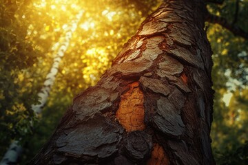 Aufkleber - Close-up of tree bark texture in sunlight, showing rich detail and natural patterns.
