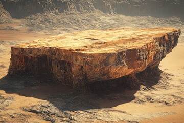 Poster - A large, flat, weathered rock formation stands alone in a desolate, sandy desert landscape.