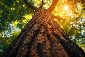 Poster - Majestic tree trunk viewed from below, bathed in warm sunlight, surrounded by lush green foliage.