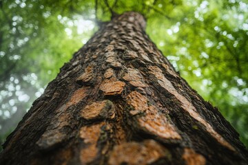 Poster - Close-up view of a tree trunk, showcasing its rough texture and the surrounding lush green foliage.