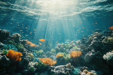 Aufkleber - Vibrant coral reef teeming with life, sunbeams penetrate the water, illuminating colorful fish and diverse corals.