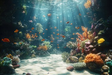 Aufkleber - Vibrant underwater scene with colorful coral reefs and numerous fish swimming in sunlit ocean.