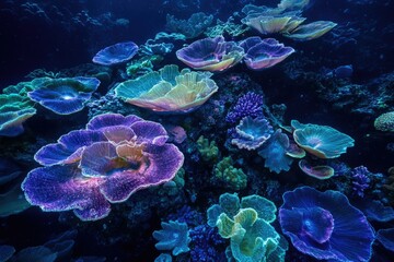 Poster - Vibrant coral reef at night, glowing with bioluminescence, showcasing diverse species in underwater world.
