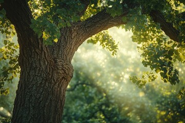 Poster - Sunlit tree trunk and lush green leaves in a vibrant forest scene, capturing the beauty of nature.