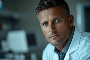 Poster - A serious, middle-aged male doctor in a lab coat, gazing intently.